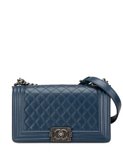 Pre-owned Chanel 2018 Medium Caviar Boy Flap Crossbody Bag In Blue