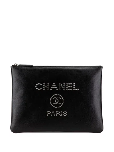 Pre-owned Chanel 2018 Medium Caviar Deauville Studded O Case Clutch Bag In Black
