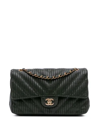Pre-owned Chanel 2018 Medium Chevron Calfskin Coco Pleats Double Flap Shoulder Bag In Green