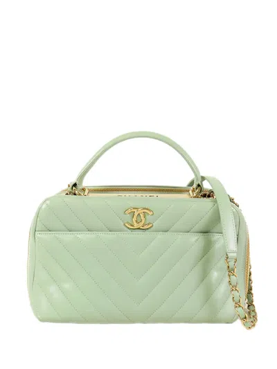 Pre-owned Chanel 2018 Medium Chevron Lambskin Trendy Cc Bowling Bag Satchel In Green