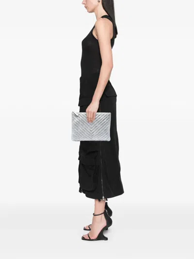 Pre-owned Chanel 2018 Medium Chevron Metallic Aged Calfskin O Case Clutch Bag In Silver