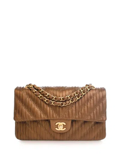Pre-owned Chanel 2018 Medium Classic Chevron Calfskin Pleated Double Flap Shoulder Bag In Brown