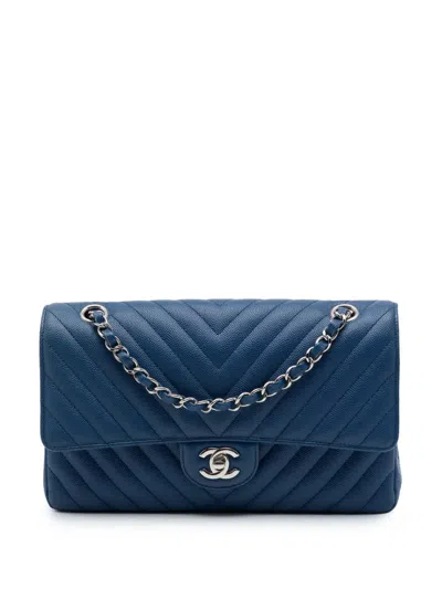 Pre-owned Chanel 2018 Medium Classic Chevron Caviar Double Flap Shoulder Bag In Blue
