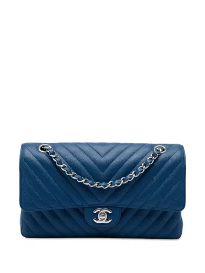 Pre-owned Chanel 2018 Medium Classic Chevron Caviar Double Flap Shoulder Bag In Blue