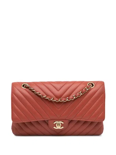 Pre-owned Chanel 2018 Medium Classic Chevron Lambskin Double Flap Shoulder Bag In Orange