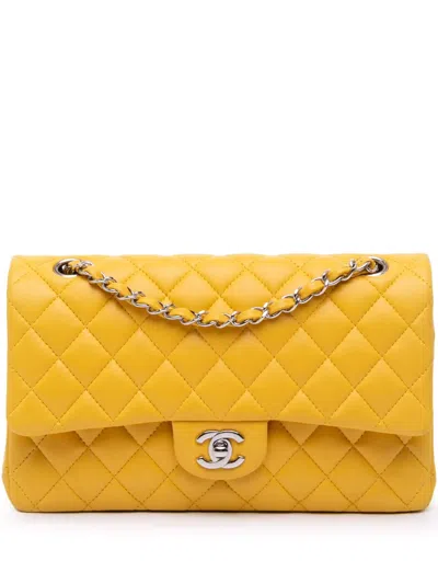 Pre-owned Chanel 2018 Medium Classic Lambskin Double Flap Shoulder Bag In Yellow