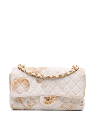 Pre-owned Chanel 2018 Medium Classic Printed Denim Floral Double Flap Shoulder Bag In Brown