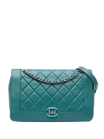 Pre-owned Chanel 2018 Medium Crumpled Calfskin Bi Vintage Full Flap Crossbody Bag In Blue