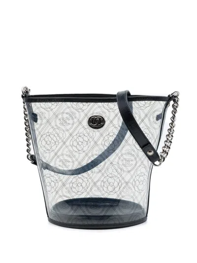Pre-owned Chanel 2018 Medium Pvc And Crumpled Calfskin Camellia Coco Bucket Bag In Black