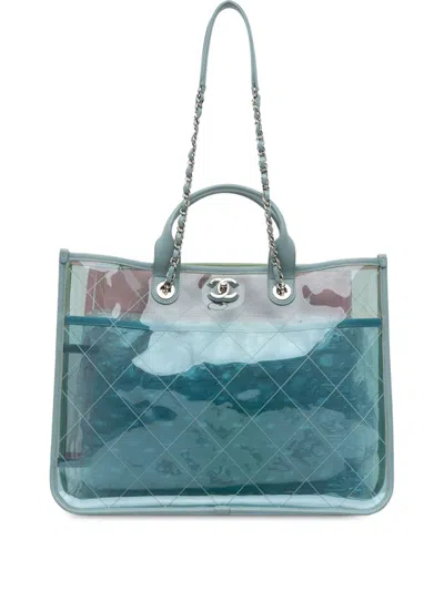 Pre-owned Chanel 2018 Medium Pvc And Lambskin Coco Splash Shopping Tote Satchel In Blue