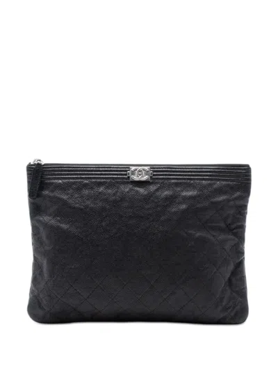 Pre-owned Chanel 2018 Medium Quilted Caviar Boy O Case Clutch Bag In Black