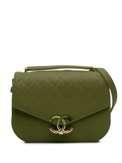Pre-owned Chanel 2018 Medium Quilted Caviar Thread Around Flap Satchel In Green