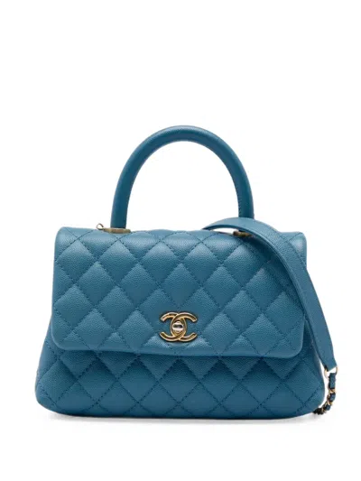 Pre-owned Chanel 2018 Mini Caviar Coco Top Handle Bag Satchel In Blue