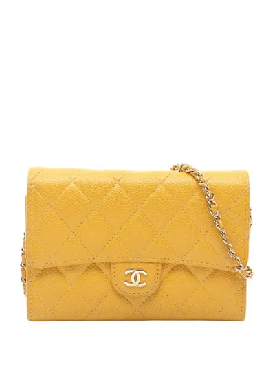 Pre-owned Chanel 2018 Mini Cc Quilted Caviar Wallet On Chain Crossbody Bag In Yellow