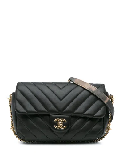 Pre-owned Chanel 2018 Mini Rectangular Chevron Lambskin Chain Around Flap Crossbody Bag In Black