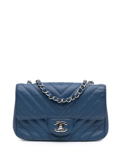 Pre-owned Chanel 2018 Mini Rectangular Classic Chevron Caviar Single Flap Crossbody Bag In Blue