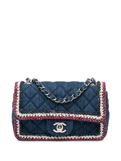 Pre-owned Chanel 2018 Mini Rectangular Classic Denim Tweed Framed Single Flap Shoulder Bag In Blue