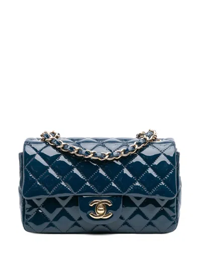 Pre-owned Chanel 2018 Mini Rectangular Classic Patent Single Flap Crossbody Bag In Blue