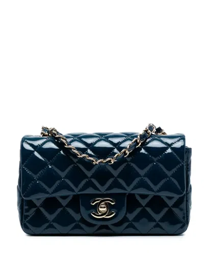 Pre-owned Chanel 2018 Mini Rectangular Classic Patent Single Flap Crossbody Bag In Blue