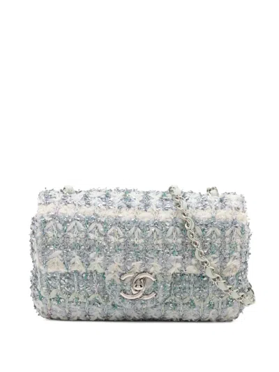 Pre-owned Chanel 2018 Mini Rectangular Classic Tweed Single Flap Crossbody Bag In Blue