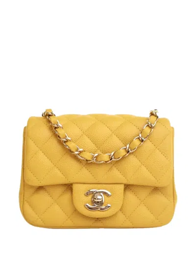 Pre-owned Chanel 2018 Mini Square Classic Caviar Single Flap Crossbody Bag In Yellow