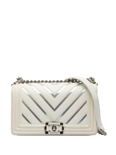 Pre-owned Chanel 2018 Old Medium Chevron Lambskin And Iridescent Pvc Boy Flap Crossbody Bag In White