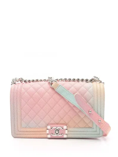 Pre-owned Chanel 2018 Old Medium Quilted Caviar Rainbow Boy Flap Crossbody Bag In Pink