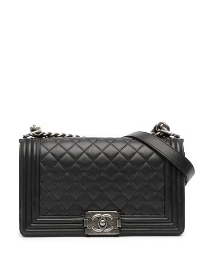 Pre-owned Chanel 2018 Old Medium Quilted Lambskin Boy Flap Crossbody Bag In Black