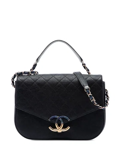 Pre-owned Chanel 2018 Paris Cuba Medium Quilted Caviar Thread Around Flap Satchel In Black