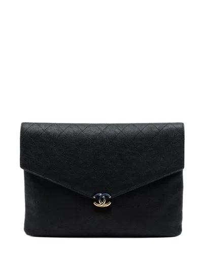 Pre-owned Chanel 2018 Paris Cuba Quilted Caviar Thread Around Envelope Clutch Bag In Black