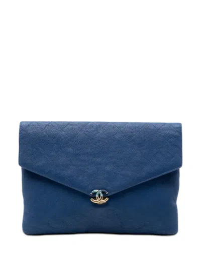 Pre-owned Chanel 2018 Paris Cuba Quilted Caviar Thread Around Envelope Clutch Bag In Blue