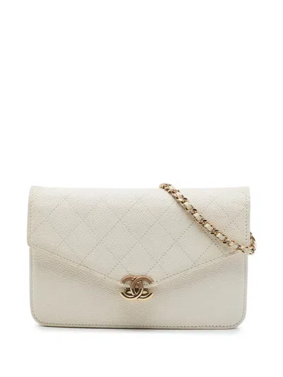 Pre-owned Chanel 2018 Paris Cuba Quilted Caviar Thread Around Wallet On Chain Crossbody Bag In White