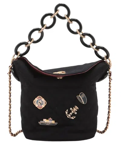 Pre-owned Chanel 2018 Paris Hamburg Quilted Wool Coco Sailor Charms Bucket Bag In Black