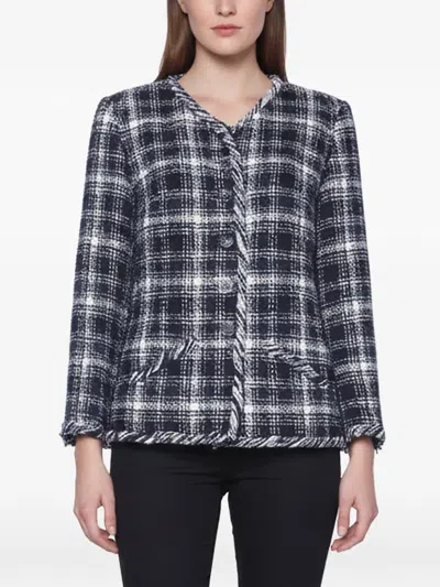 Pre-owned Chanel 2018 Plaid Tweed Collarless Fitted Jacket In Blue
