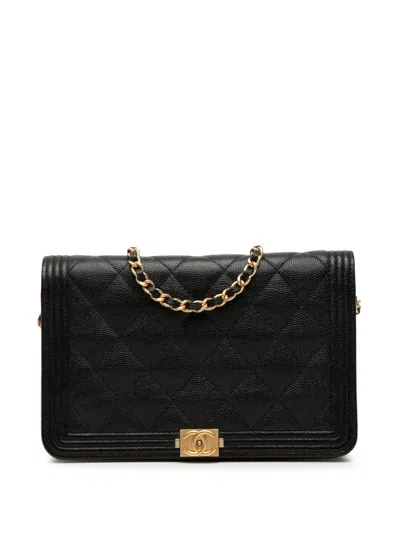 Pre-owned Chanel 2018 Quilted Caviar Boy Wallet On Chain Crossbody Bag In Black