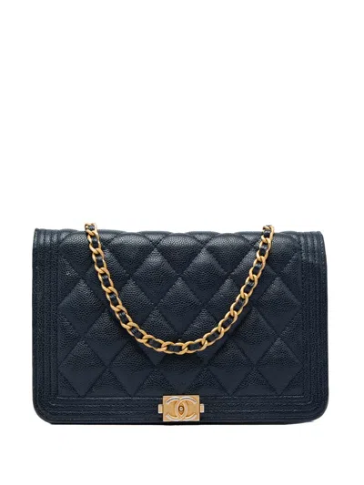 Pre-owned Chanel 2018 Quilted Caviar Boy Wallet On Chain Crossbody Bag In Blue