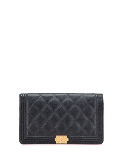 Pre-owned Chanel 2018 Quilted Caviar Boy Yen Wallet Long Wallets In Black