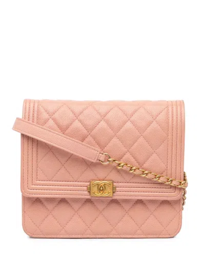 Pre-owned Chanel 2018 Quilted Caviar Square Boy Wallet On Chain Crossbody Bag In Pink