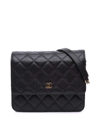 Pre-owned Chanel 2018 Quilted Caviar Square Wallet On Chain Crossbody Bag In Black