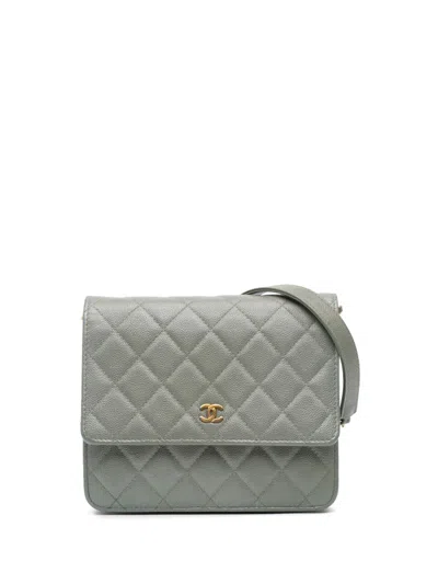 Pre-owned Chanel 2018 Quilted Caviar Square Wallet On Chain Crossbody Bag In Green