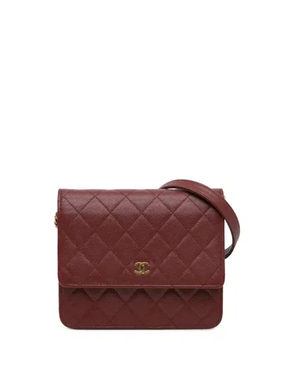 Pre-owned Chanel 2018 Quilted Caviar Square Wallet On Chain Crossbody Bag In Red