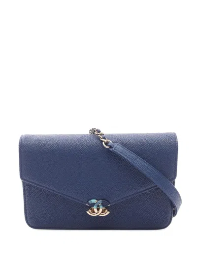 Pre-owned Chanel 2018 Quilted Caviar Thread Around Wallet On Chain Crossbody Bag In Blue