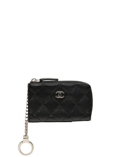 Pre-owned Chanel 2018 Quilted Caviar Zipped Key Holder Case Coin Pouch In Black