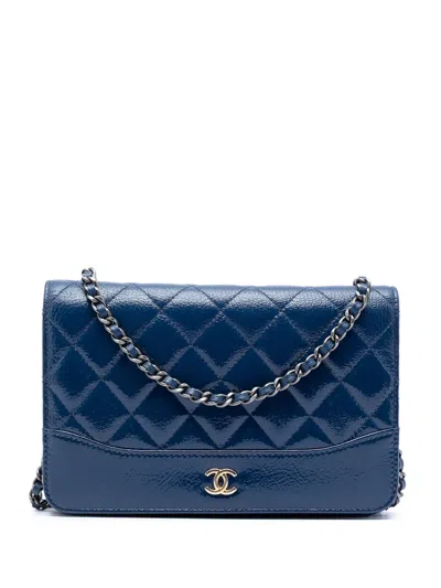 Pre-owned Chanel 2018 Quilted Patent Aged Calfskin Gabrielle Wallet On Chain Crossbody Bag In Blue