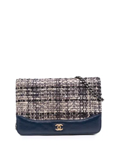 Pre-owned Chanel 2018 Quilted Tweed And Calfskin Gabrielle Wallet On Chain Crossbody Bag In Blue