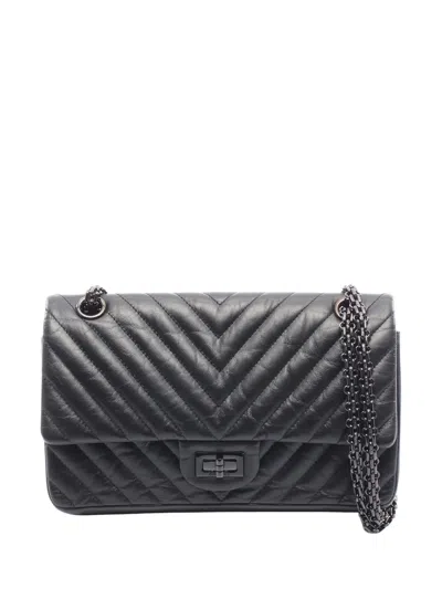Pre-owned Chanel 2018 Reissue 2.55 Chevron Aged Calfskin Double Flap 226 Shoulder Bag In Black
