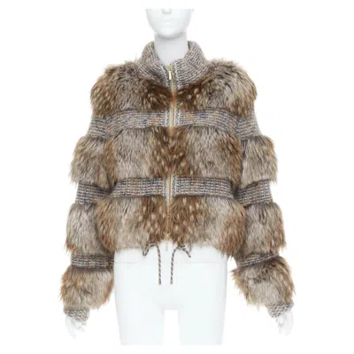Pre-owned Chanel 2018 Runway Faux Fur Fantasy Tweed Knit Zip Bomber Jacket Coat Fr38 M In Brown