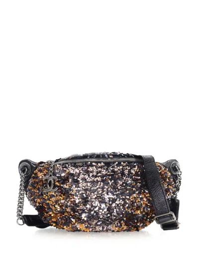 Pre-owned Chanel 2018 Sequin Embellished Glazed Calfskin Belt Bag In Blue