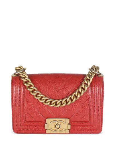 Pre-owned Chanel 2018 Small Boy Flap Chevron-quilting Satchel Bag In Red