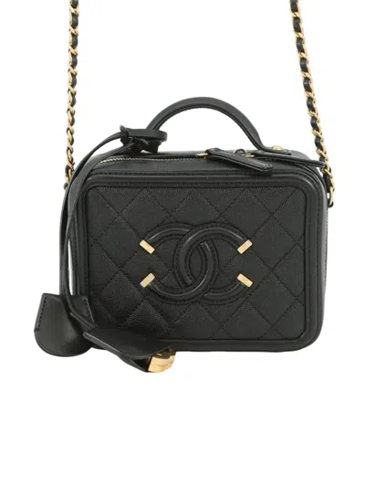 Pre-owned Chanel 2018 Small Caviar Cc Filigree Vanity Case Satchel In Black